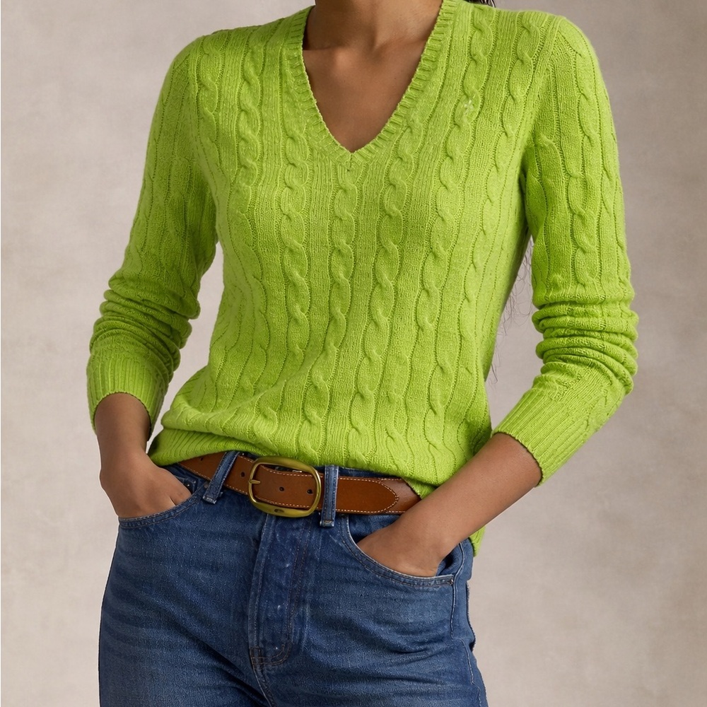 Ralph Lauren Women's Green 100% Cashmere V-Neck Sweater